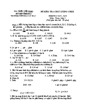 Đề kiểm tra cuối học kì II môn Toán Lớp 5 - Năm học 2022-2023 - Trường Tiểu học Lý Học (Có đáp án)