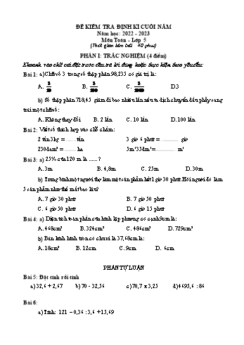 Đề kiểm tra định kì cuối năm môn Toán Lớp 5 - Năm học 2022-2023 (Có đáp án)
