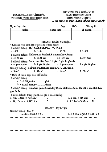 Đề kiểm tra giữa học kì II môn Toán Lớp 5 - Năm học 2022-2023 - Trường Tiểu học Hiệp Hòa (Có đáp án)