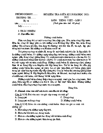 Đề kiểm tra giữa kì I môn Tiếng Việt Lớp 5 - Năm học 2021-2022 - Đề 4 (Có đáp án)