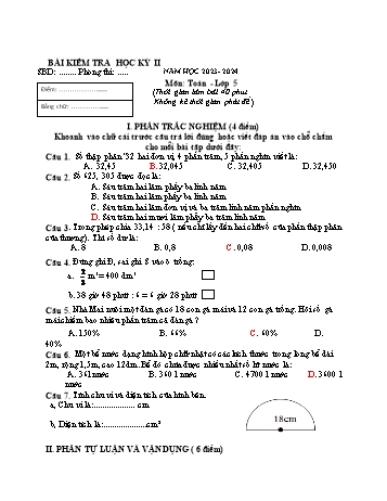 Đề kiểm tra học kỳ II môn Toán Lớp 5 - Năm học 2023-2024