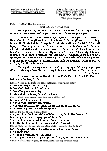 Đề kiểm tra tuần 31 môn Tiếng Việt Lớp 5 - Năm học 2023-2024 - Trường Tiểu học Nguyệt Đức