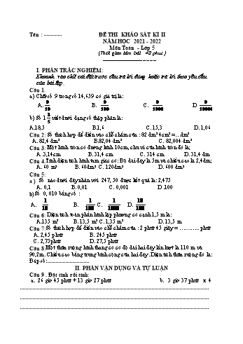 Đề thi khảo sát kì II môn Toán Lớp 5 - Năm học 2021-2022