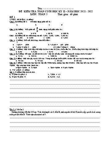 Tuyển tập 10 đề kiểm tra cuối học kỳ II môn Toán Lớp 5 - Năm học 2021-2022