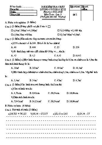 Tuyển tập 7 bài kiểm tra chất lượng cuối học kì II môn Toán Lớp 5 - Năm học 2022-2023
