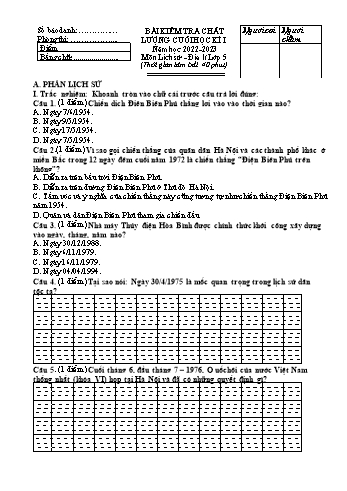 Bài khảo sát chất lượng cuối học kì I môn Lịch sử và Địa lí Lớp 5 - Năm học 2022-2023 (Có đáp án)
