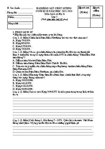 Bài khảo sát chất lượng cuối kì II môn Lịch sử và Địa lí Lớp 5 - Năm học 2022-2023 - Đề 1 (Có đáp án)