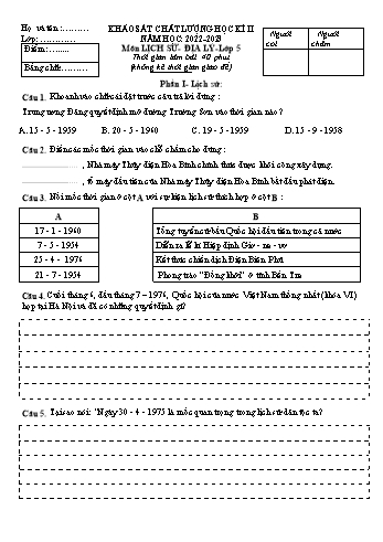 Bài khảo sát chất lượng học kì II môn Lịch sử và Địa lý Lớp 5 - Năm học 2022-2023 (Có đáp án)