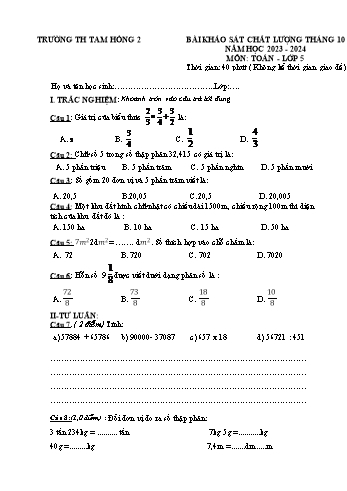 Bài khảo sát chất lượng tháng 10 môn Toán Lớp 5 - Năm học 2023-2024 - Trường Tiểu học Tam Hồng 2