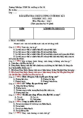 Bài kiểm tra chất lượng cuối học kì 1 môn Khoa học Lớp 5 - Năm học 2022-2023 - Trường Tiểu học TTNC Bò và Đồng Cỏ Ba Vì