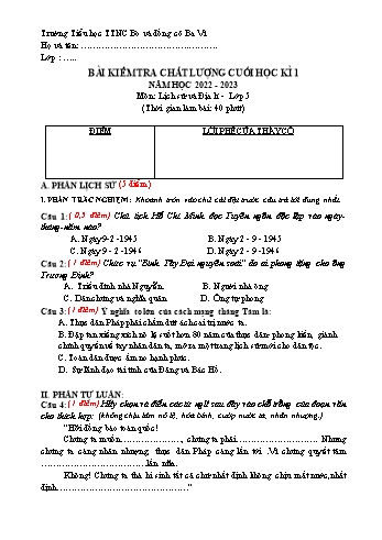 Bài kiểm tra chất lượng cuối học kì 1 môn Lịch sử và Địa Lí Lớp 5 - Năm học 2022-2023 - Trường Tiểu học TTNC Bò và Đồng Cỏ Ba Vì