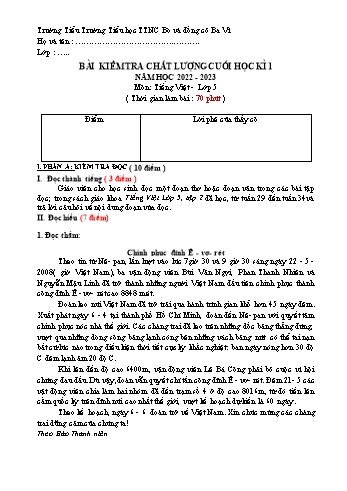 Bài kiểm tra chất lượng cuối học kì 1 môn Tiếng Việt Lớp 5 - Năm học 2022-2023 - Trường Tiểu học TTNC Bò và Đồng Cỏ Ba Vì