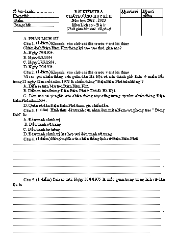 Bài kiểm tra chất lượng học kì II môn Lịch sử và Địa lí Lớp 5 - Năm học 2022-2023 (Có đáp án)