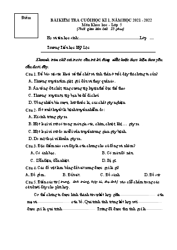 Bài kiểm tra cuối học kì 1 môn Khoa học Lớp 5 - Năm học 2021-2022 - Trường Tiểu học Mỹ Lộc (Có đáp án)
