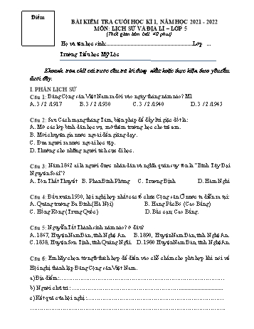 Bài kiểm tra cuối học kì 1 môn Lịch sử và Địa lí Lớp 5 - Năm học 2021-2022 - Trường Tiểu học Mỹ Lộc (Có đáp án)