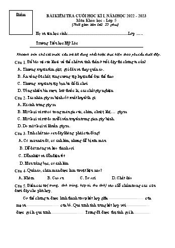 Bài kiểm tra cuối học kì I môn Khoa học Lớp 5 - Năm học 2022-2023 - Trường Tiểu học Mỹ Lộc (Có đáp án)