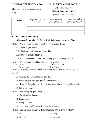 Bài kiểm tra cuối học kì I môn Khoa học Lớp 5 - Năm học 2022-2023 - Trường Tiểu học Vân Hòa