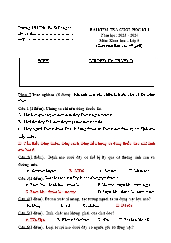 Bài kiểm tra cuối học kì I môn Khoa học Lớp 5 - Năm học 2023-2024 - Trường Tiểu học TTNC Bò & Đồng cỏ Ba Vì (Có đáp án)