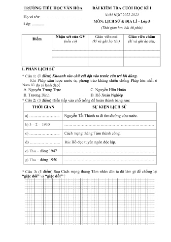 Bài kiểm tra cuối học kì I môn Lịch sử & Địa lí Lớp 5 - Năm học 2022-2023 - Trường Tiểu học Vân Hòa