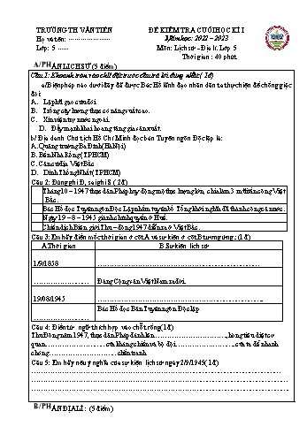 Bài kiểm tra cuối học kì I môn Lịch sử và Địa lí Lớp 5 - Năm học 2022-2023 - Trường Tiểu học Văn Tiến (Có đáp án)