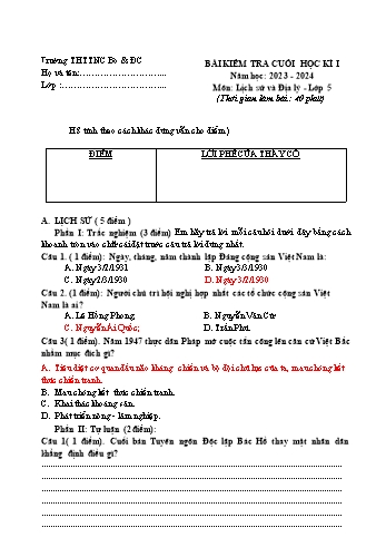 Bài kiểm tra cuối học kì I môn Lịch sử và Địa lý Lớp 5 - Năm học 2023-2024 - Trường Tiểu học TTNC Bò & Đồng cỏ Ba Vì (Có đáp án)