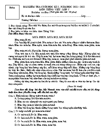 Bài kiểm tra cuối học kì I môn Tiếng Việt Lớp 5 - Năm học 2021-2022 - Trường Tiểu học Mỹ Lộc (Có đáp án)