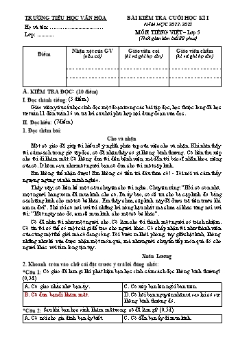 Bài kiểm tra cuối học kì I môn Tiếng Việt Lớp 5 - Năm học 2022-2023 - Trường Tiểu học Vân Hòa