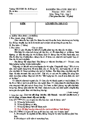 Bài kiểm tra cuối học kì I môn Tiếng Việt Lớp 5 - Năm học 2023-2024 - Trường Tiểu học TTNC Bò & Đồng cỏ Ba Vì (Có đáp án)