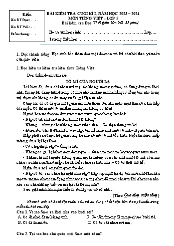 Bài kiểm tra cuối học kì I môn Tiếng Việt Lớp 5 - Năm học 2023-2024 (Có đáp án và biểu điểm)