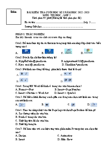 Bài kiểm tra cuối học kì I môn Tin học Lớp 5 - Năm học 2022-2023 - Trường Tiểu học Mỹ Lộc (Có đáp án)