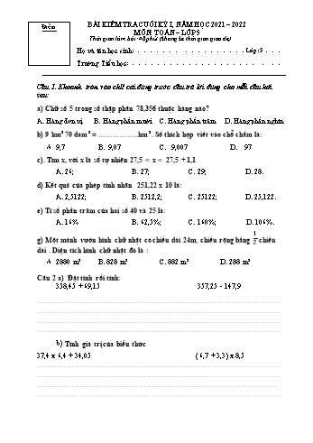 Bài kiểm tra cuối học kì I môn Toán Lớp 5 - Năm học 2021-2022 - Trường Tiểu học Mỹ Lộc (Có đáp án)