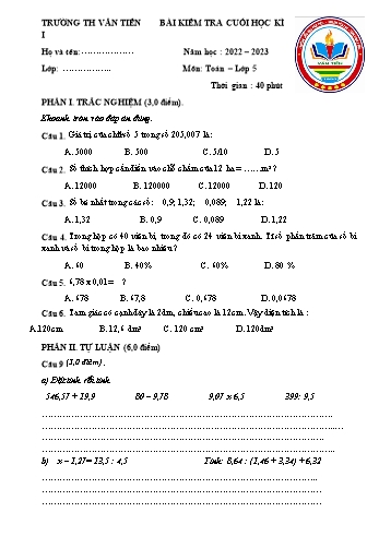 Bài kiểm tra cuối học kì I môn Toán Lớp 5 - Năm học 2022-2023 - Trường Tiểu học Văn Tiến (Có đáp án)