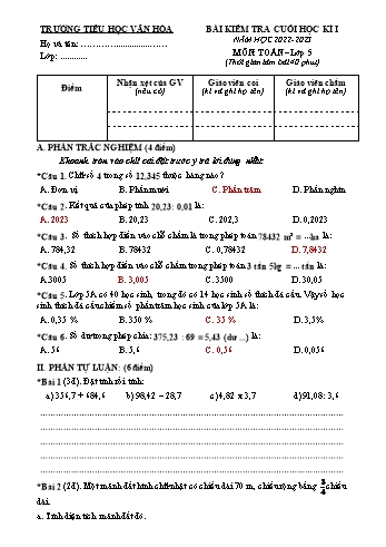 Bài kiểm tra cuối học kì I môn Toán Lớp 5 - Năm học 2022-2023 - Trường Tiểu học Vân Hòa