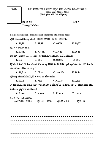 Bài kiểm tra cuối học kì I môn Toán Lớp 5 - Năm học 2023-2024 (Kèm hướng dẫn chấm)