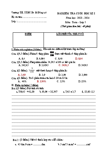 Bài kiểm tra cuối học kì I môn Toán Lớp 5 - Năm học 2023-2024 - Trường Tiểu học TTNC Bò & Đồng cỏ Ba Vì (Có đáp án)
