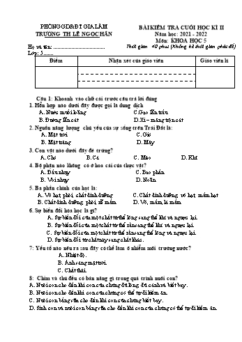 Bài kiểm tra cuối học kì II môn Khoa học Lớp 5 - Năm học 2021-2022 - Trường Tiểu học Lê Ngọc Hân (Có đáp án)