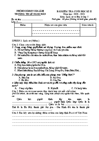 Bài kiểm tra cuối học kì II môn Lịch sử và Địa lý Lớp 5 - Năm học 2021-2022 - Trường Tiểu học Lê Ngọc Hân (Có đáp án)