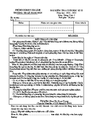 Bài kiểm tra cuối học kì II môn Tiếng Việt Lớp 5 - Năm học 2021-2022 - Trường Tiểu học Lê Ngọc Hân (Có đáp án)