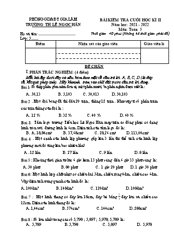 Bài kiểm tra cuối học kì II môn Toán Lớp 5 - Năm học 2021-2022 - Trường Tiểu học Lê Ngọc Hân (Có đáp án)