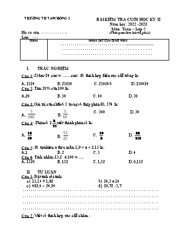 Bài kiểm tra cuối học kỳ II môn Toán Lớp 5 - Năm học 2022-2023 - Trường Tiểu học Tam Hồng 2 (Có đáp án)