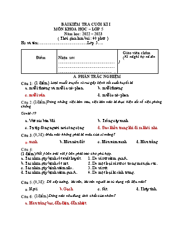 Bài kiểm tra cuối kì I môn Khoa học Lớp 5 - Năm học 2022-2023 (Có đáp án)