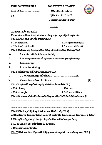 Bài kiểm tra cuối kì I môn Khoa học Lớp 5 - Năm học 2022-2023 - Trường Tiểu học Văn Tiến (Có đáp án)