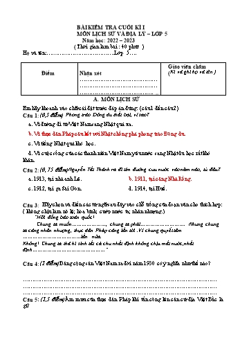 Bài kiểm tra cuối kì I môn Lịch sử và Địa lý Lớp 5 - Năm học 2022-2023 (Có đáp án)