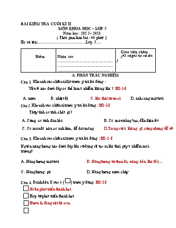 Bài kiểm tra cuối kì II môn Khoa học Lớp 5 - Năm học 2022-2023 (Có đáp án)