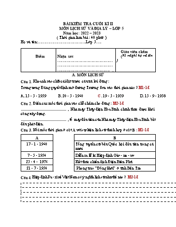Bài kiểm tra cuối kì II môn Lịch sử và Địa lý Lớp 5 - Năm học 2022-2023 (Có đáp án)