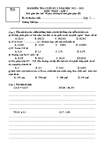 Bài kiểm tra cuối kỳ I môn Toán Lớp 5 - Năm học 2022-2023 - Trường Tiểu học Mỹ Lộc (Có đáp án)