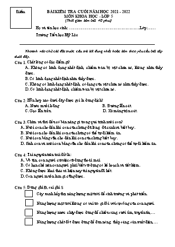 Bài kiểm tra cuối năm môn Khoa học Lớp 5 - Năm học 2021-2022 - Trường Tiểu học Mỹ Lộc (Có đáp án)