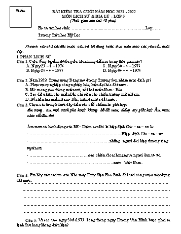 Bài kiểm tra cuối năm môn Lịch sử và Địa lí Lớp 5 - Năm học 2021-2022 - Trường Tiểu học Mỹ Lộc (Có đáp án)