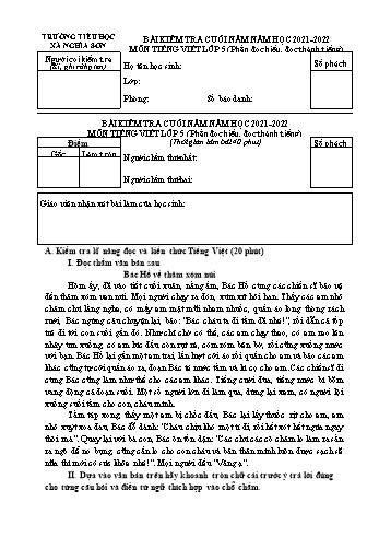 Bài kiểm tra cuối năm môn Tiếng Việt Lớp 5 - Năm học 2021-2022 - Trường Tiểu học Nghĩa Sơn (Có đáp án)