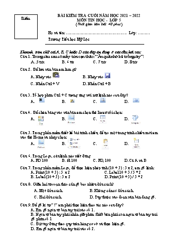 Bài kiểm tra cuối năm môn Tin học Lớp 5 - Năm học 2021-2022 - Trường Tiểu học Mỹ Lộc